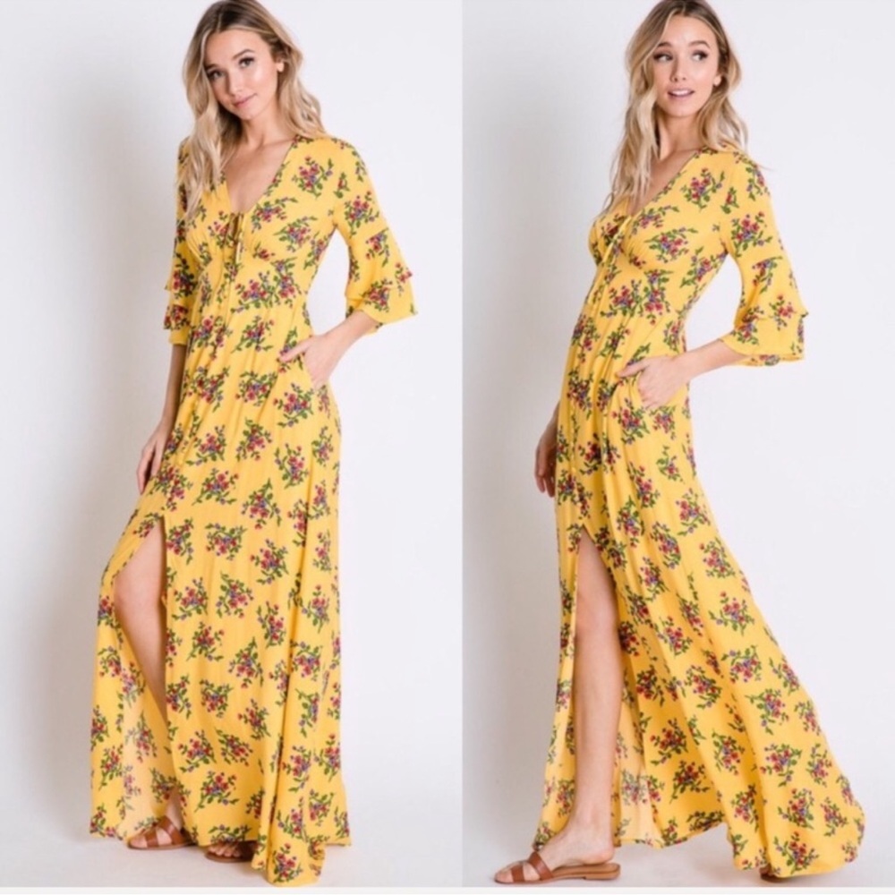 NWT Davi & Dani Yellow Dress with Floral Accents